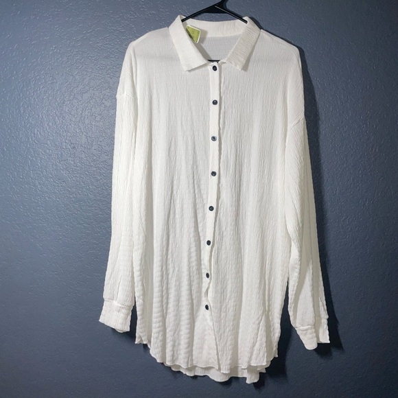 Vibrant Solid Textured Button Front Blouse size Large Drop Shoulder  Cover Up - Picture 5 of 11